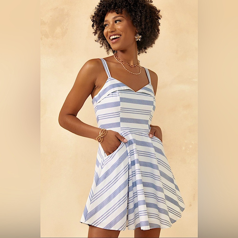 NEW Francesca’s Blue Rain Women's Medium
Amara Striped Mini Skater Dress